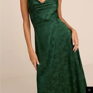 Lulus Simply Dreamy Emerald Green Satin Floral Jacquard Dress *Length Altered*